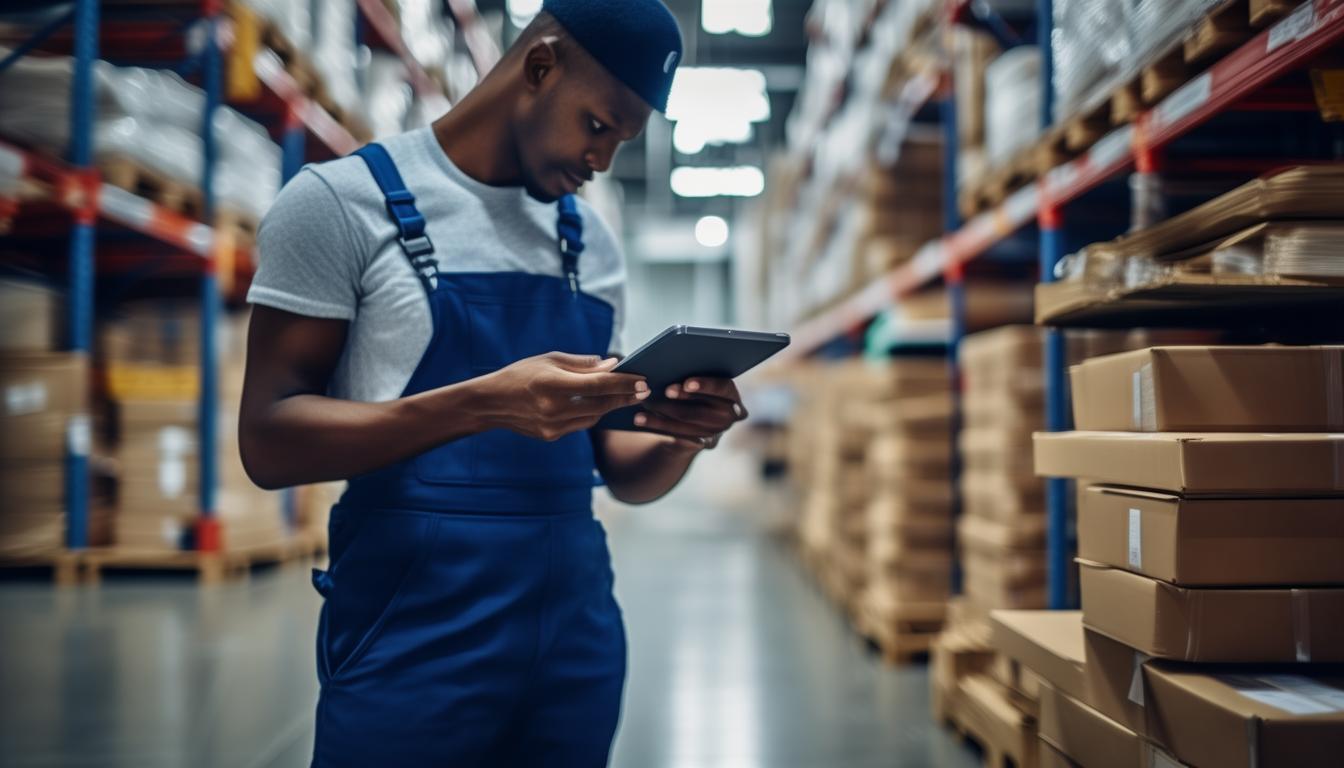 Warehouse worker checking inventory labels on stacked pallets