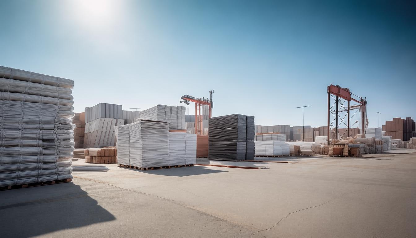 Construction materials — tiles, pipes and boards — stacked on pallets in a container warehouse