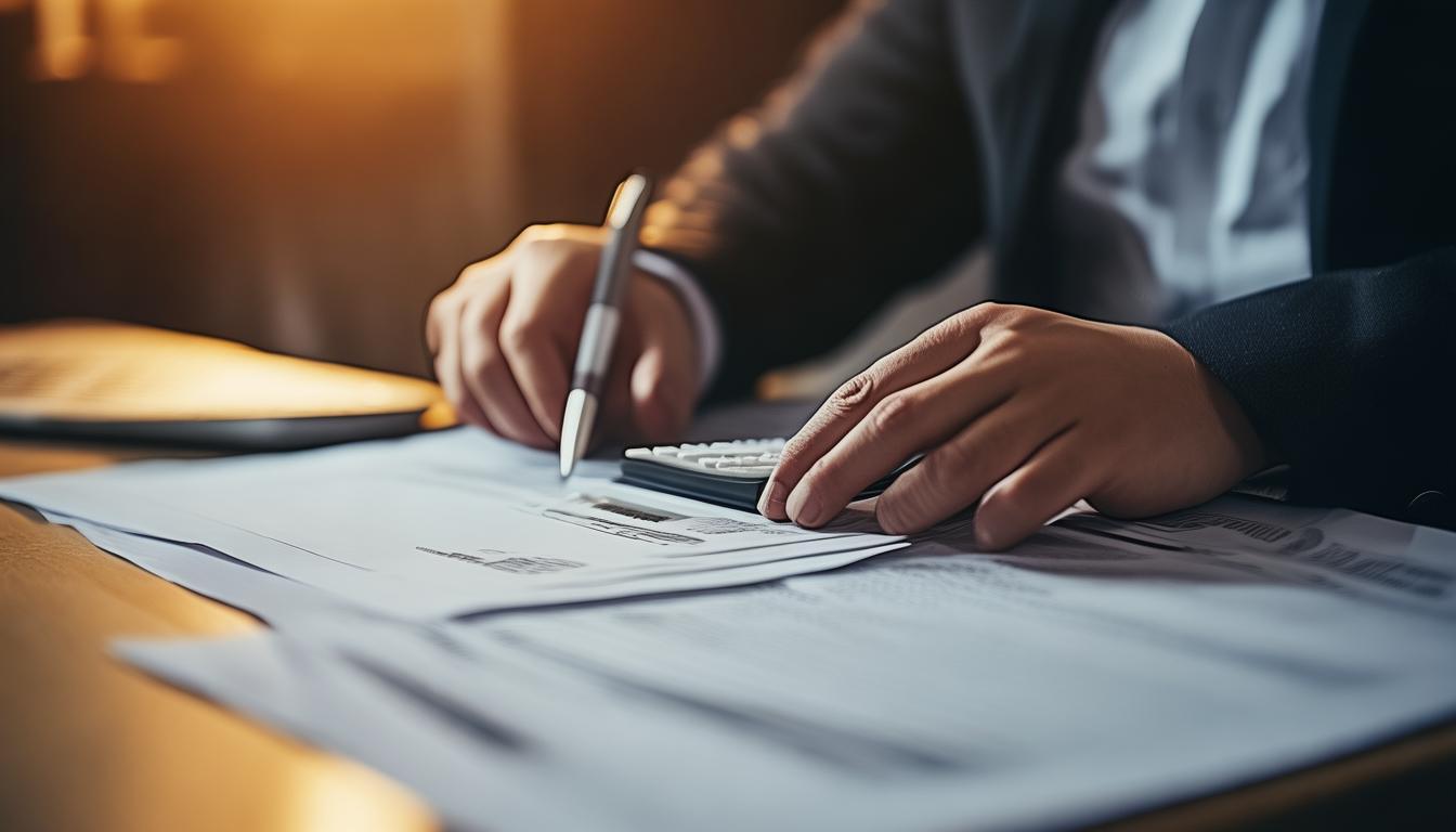Reviewing trade payment paperwork with a calculator