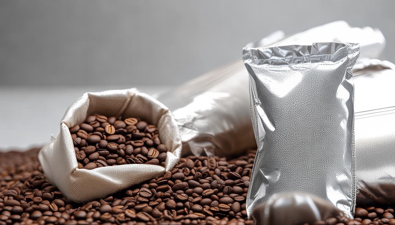 Roasted coffee beans in a valve bag and green coffee in a burlap sack, ready for shipment