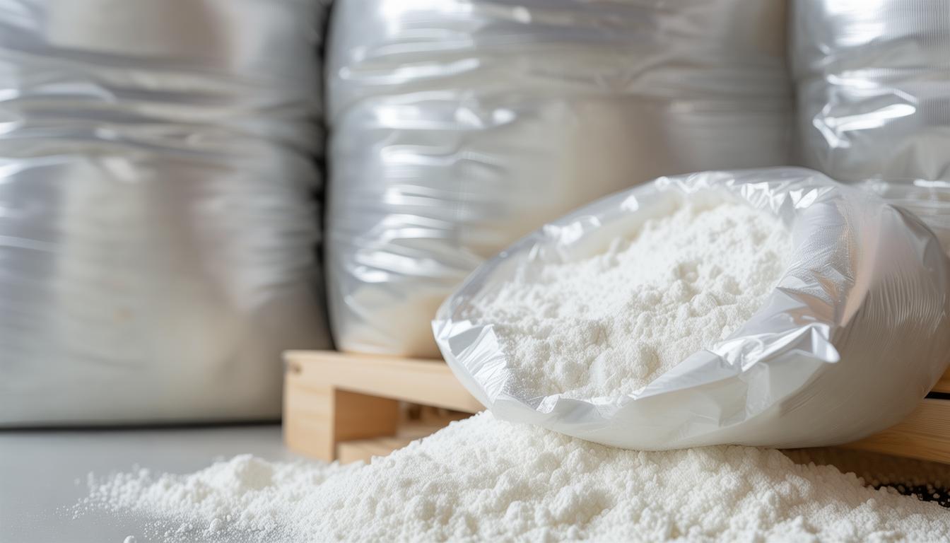 Aluminium laminated milk powder bags stacked in a temperature-controlled warehouse