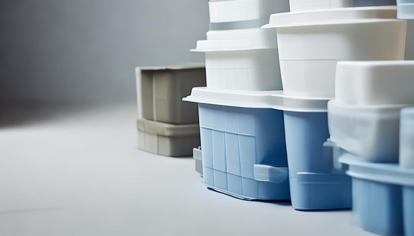 Nested plastic household storage boxes in grey, blue and white with separate lids