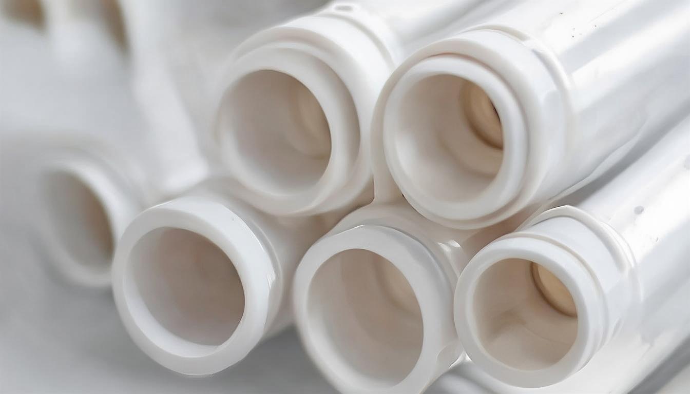 Bundled white PVC water pipes with plain socket fittings beside them