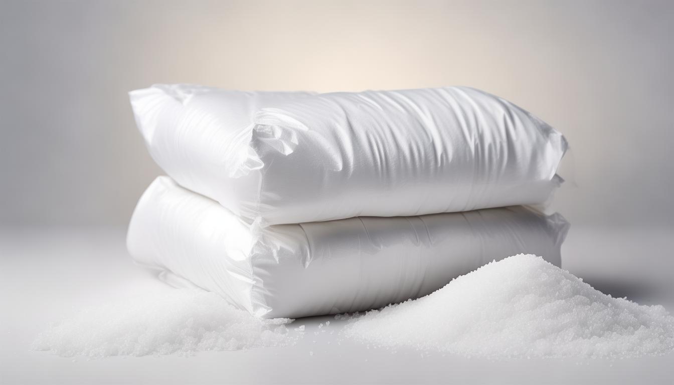 Industrial salt in large lined polypropylene bags on a pallet in a dry warehouse