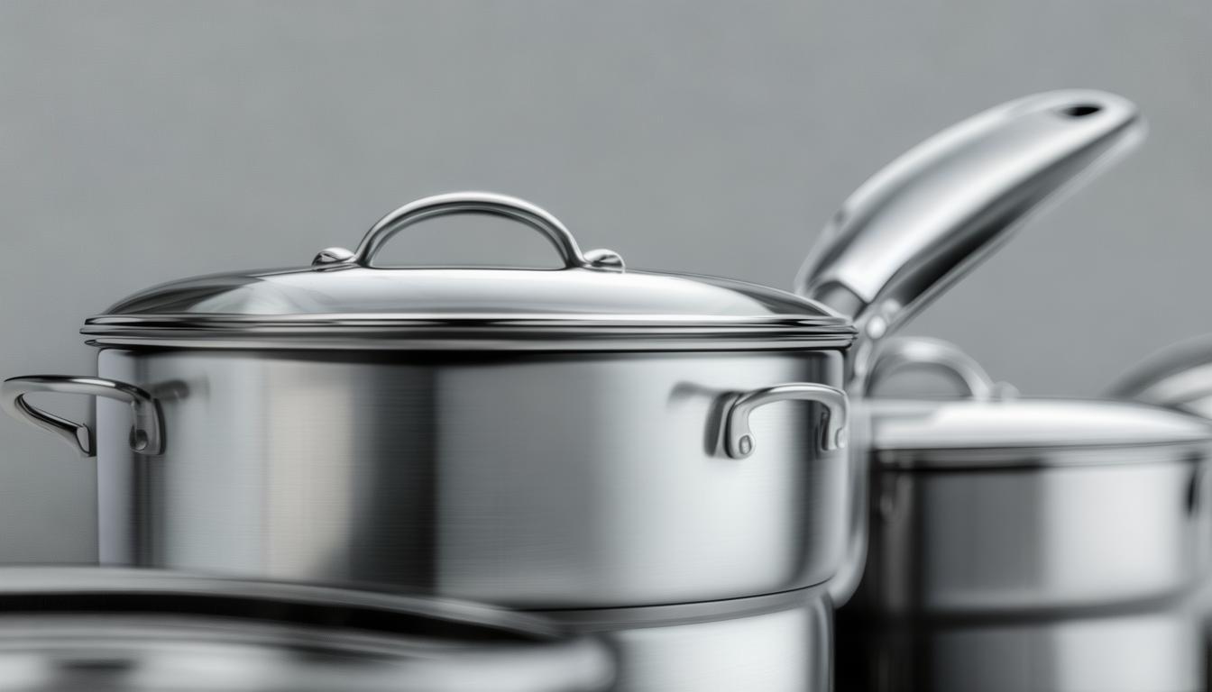 Stainless steel pots and frying pans with glass lids arranged in a row