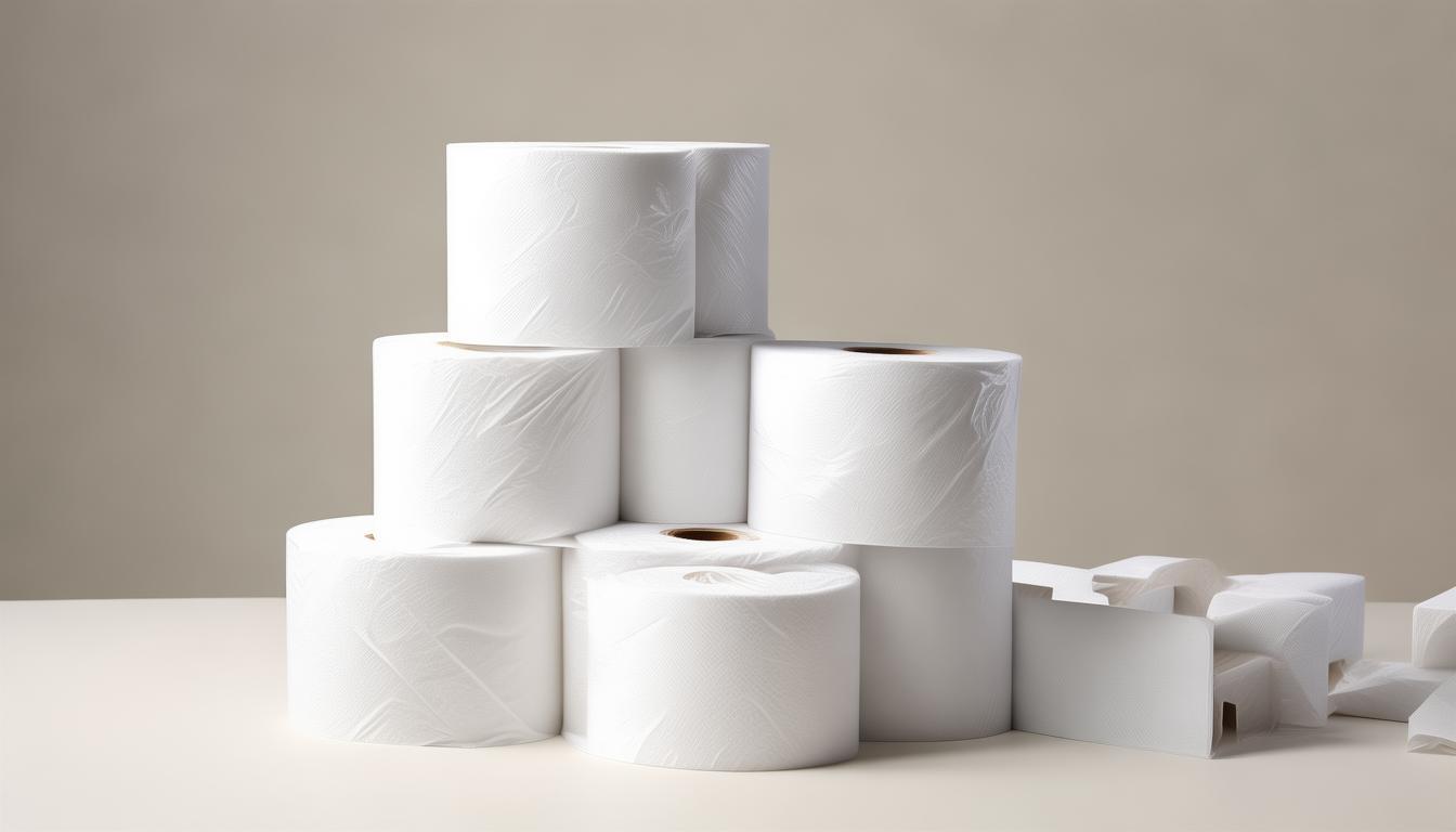 White toilet tissue rolls in clear plastic wrapping beside an open export carton