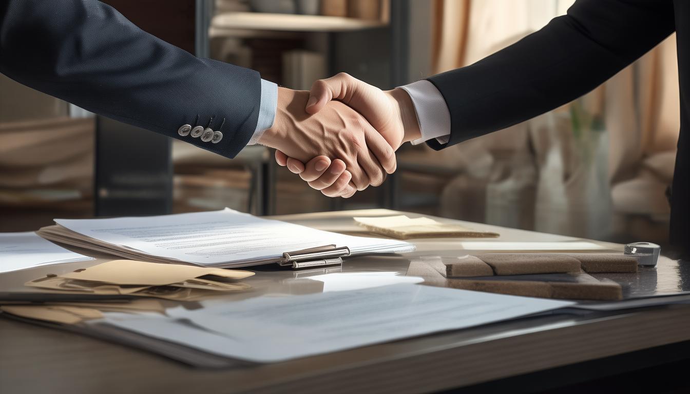 Business handshake over a purchase contract and samples